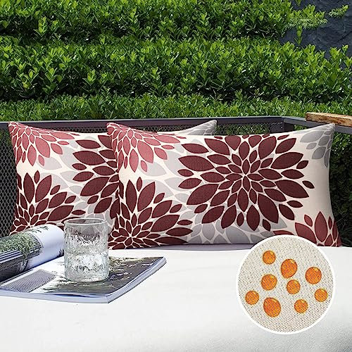 Outdoor Kissenbezug wasserdichte Sofakissen Moderne Kissen Frühling Sommer Blumen Kissenbezüge Kissenhülle Leinen 30 x 50 cm für Wohnzimmer Schlafzimmer Sofa Garten Terrasse Deko, 2er Set Rot