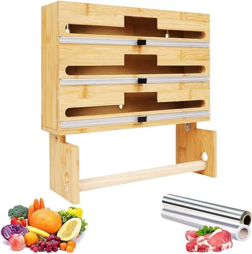 Upgrade 4 in 1 Wrap Dispenser with Slide Cutter and Paper Towel Holder, Bamboo Plastic Wrap Cutter, Aluminum Foil Plastic Wrap Wax Paper Dispenser for Kitchen Drawer Cling Wrap