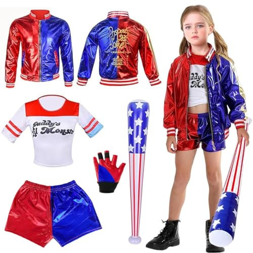 LGZIN Qui-nn Kostüme Kinder, Qui-nn Cosplay Kostüm mit Jacke, T-Shirt, Shorts, Handschuh und Baseballschläger, Mädchen Bösewicht Kostüm Kit, Halloween Karneval Cosplay Costume (110 cm)