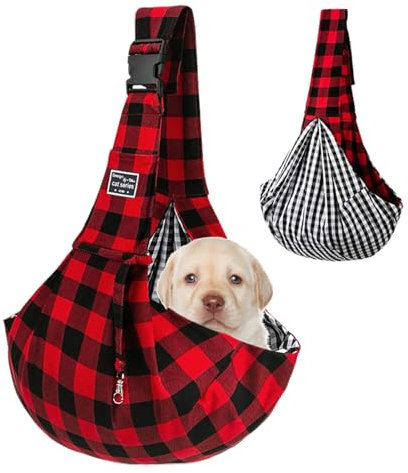 Lvjkes Marsupio cane taglia piccola, Pieghevole, Regolabile ad alta capacità, Monospalla, Borsa a tracolla, Portatile per uso esterno per cani e gatti di piccola taglia (A scacchi rossi e neri)