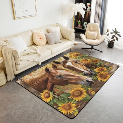 Pferd Bereich Teppich 150Bx200L,Gelbe Sonnenblumen Waschbare Indoor Bodenmatte,3D Tier Gedruckt Dekorative Teppich Bauernhaus Wildlife Teppich für Kinder Zimmer Wohnzimmer Nachttisch Klassenzimmer