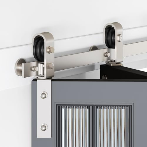 Roymelo 34 Brushed Nickel Bifold Sliding Barn Door Hardware Track Kit,Side Mounted J Shape Roller,Smoothly and Quietly,Assembly Easy,Fit Double 15 Bi-Folding Doors (Door Not Included)