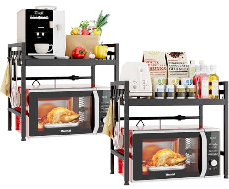 Mointal 2 Stück Mikrowelle Regal, 2-Stufig Verstellbar Mikrowelle Ständer, Metall Küche Regal für Arbeitsplatte Aufbewahrung, Mikrowelle Halter Organizer mit 8 Haken, Schwarz