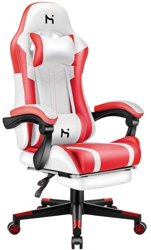 Precision Synergie Gaming Chair, Ergonomic Computer Chair with Footrest, Height Adjustable Office Chair for Adults with 360° Swivel Headrest and Lumbar Support for Gaming or Office, White-Red
