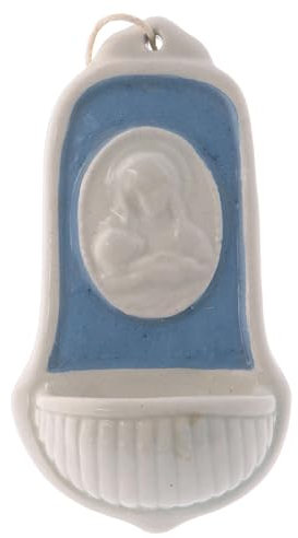 Weihwasserbecken aus weisser Keramik von Deruta mit kleiner Ikone von Maria und dem Jesuskind, 10 x 5 x 5 cm