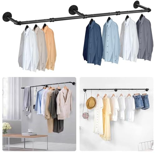 Duscdesp Kleiderstange Wandmontage Industrial Garderobenstange Schwarz, Kleiderstange Wand Schwerlast Kleiderstangen Metall, Platzsparenders Kleiderständer für die Wand Decke Schlafzimmer (120cm)
