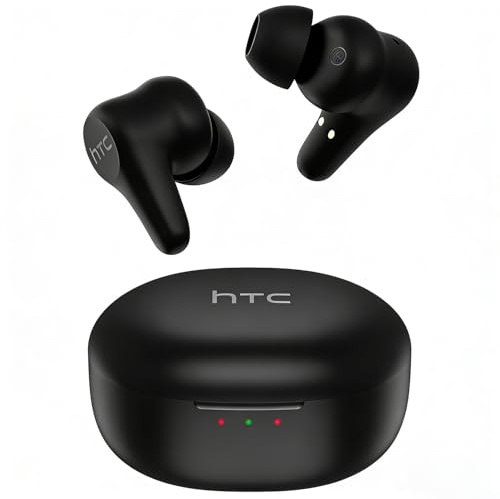 HTC Auriculares inalámbricos True Plus con cancelación activa de ruido, auriculares intraurales Bluetooth 5.3 con funda de carga USB C, 4 micrófonos ENC llamadas claras, sonido estéreo de graves