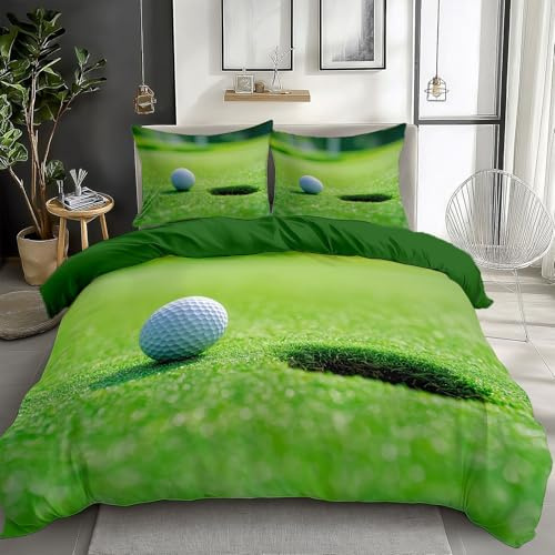 Quixora Sport Golf Nahaufnahme Bettwäsche Set Dunkelgrün Bettbezug mit Reißverschluss Pflegeleicht Atmungsaktiv Mikrofaser 135 x 200 cm 2 Kissenbezug 80x80cm