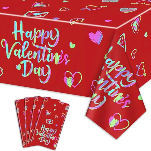 4er Pack Happy Valentine's Day Tischdecken, 220x130cm Rechteck Rot Valentinstag Liebe Herz schillernde Tischdecke für Valentinstag Party Dekorationen Jubiläum Vorschlag Verlobung Hochzeiten Dekor