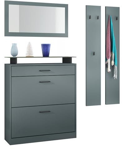 Vladon Garderobenset Enigma, Garderobe bestehend aus 1 Schuhschrank, 1 Wandspiegel und 2 Garderobenpaneele, Fjord Grün