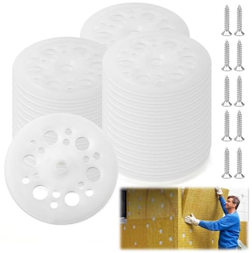 HENGBIRD Rondelles en plastique, 100 rondelles d'isolation avec 100 vis de 3cm, pour murs en bois, fixation de panneaux d'isolation et de sous-couches (46mm)