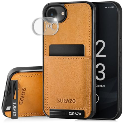 SURAZO Étui de Protection en Cuir pour Apple iPhone 16e avec Protection de l'appareil Photo - Arrière en Cuir véritable - Fonction Support - Porte-clés - en Cuir véritable résistant aux Chocs - Jaune