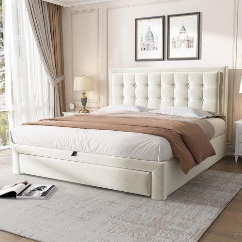 Zenithpath Boxspringbett 140x200cm Bett mit Stauraum und 2 Schubladen, Vintage Doppelbett aus Velvet, Kopfteil-Höhe Verstellbares Polsterbett Hydraulisch Bettgestell ohne Matratze