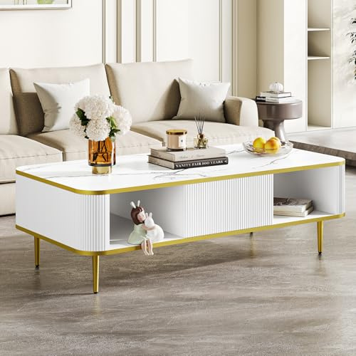 TOTEBOX Modern Coffee Table with Drawer and 2 Open Shelves, 100cm Tea Table for Living Room, Bedroom, w/Gold Steel Legs and Curved Corner