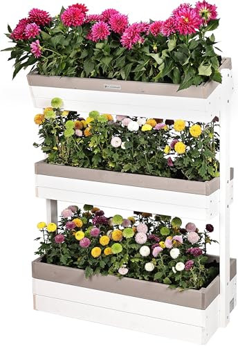 WONDERMAKE® Großes Design Vertikalbeet mit 3 Etagen aus Holz für Outdoor Balkon Garten Wand stehend, Hochbeet vertikal XL Kästen Cube für Kräuter Erdbeeren Blumen, 85x38x110 cm, weiß grau anthrazit