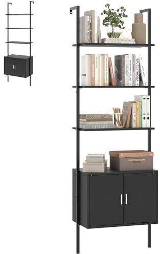 HOMASIS Estantería Escalera en Pared de 5 Niveles, Biblioteca Estrecha de Ratan con Puertas, Almacenamiento de Exposición para Libros, Cocina, Salón, Dormitorio, Oficina (Negro, 60 x 35 x 184 cm)