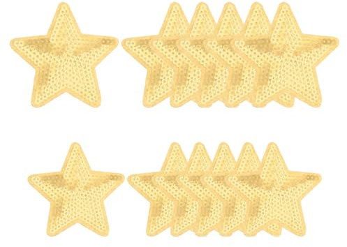 YELARXI Sequin Star Iron on Patches Embroidered Sew Sequin Glitter Patch Appliques, Fit for DIY Shoes Hats Backpacks Clothing Repair - (12 Pack, Gold, 2 Size)