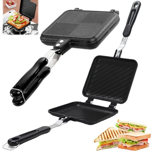 Creatore Pane Abbrustolito con Manici Resistenti Calore, Padella Sandwich Alluminio Portatile, Pan Toastie Colazione Doppia Faccia, Piastra Panini Multifunzione per Cucina, Casa, Campeggio Aperto