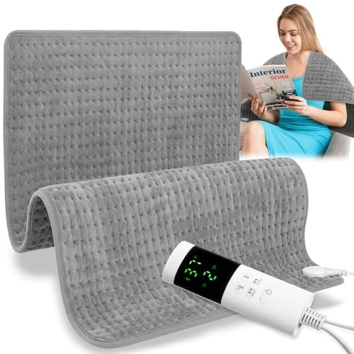Warmfay Heating Pad 40X80CM with Automatic Switch-Off, Electric Heat Pad with 30 Temperature Levels, 12 Timer Settings, Grey Heated Pad for Back Neck Shoulder Belly, Fast Heating & Machine Washable