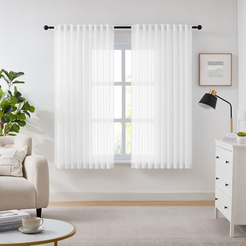 Melodieux Vorhänge für Wohnzimmer, Voile-Gardinen mit Kräuselband für Klemmensystem Weiß, 210×137cm (H×B) 2er Set