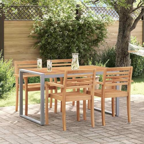 QJBSAVVA Outdoor Esstisch Grau 140x90x75 cm Moderner Gartentisch aus Stahl & Massivholz Akazie Wetterfester Balkontisch für Terrasse Garten und Camping