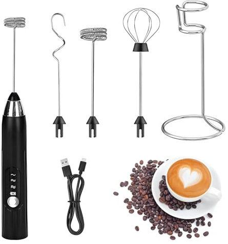 Xynovate Rechargeable Milk Frother, Handheld Milk Frother | Detachable Stainless Steel Whisk with 2 Heads and Stand, Drink Mixer Foamer for Matcha, Lattes, Cappuccino(Black)
