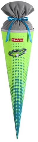 Step by Step Schultüte „Race Car Chuck“, blau-grün, passend zum Schulranzen, aus recycelten PET-Flaschen, Verschluss aus Stoff, 5 l Füllvolumen, 70 cm Höhe