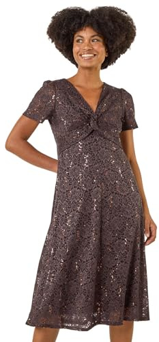 Roman Originals Sequin Lace Twist Front Midi Dress for Women UK - Ladies Everyday Autumn Winter V-Neckline Comfy Soft Evening Vacation Work Party Night Out