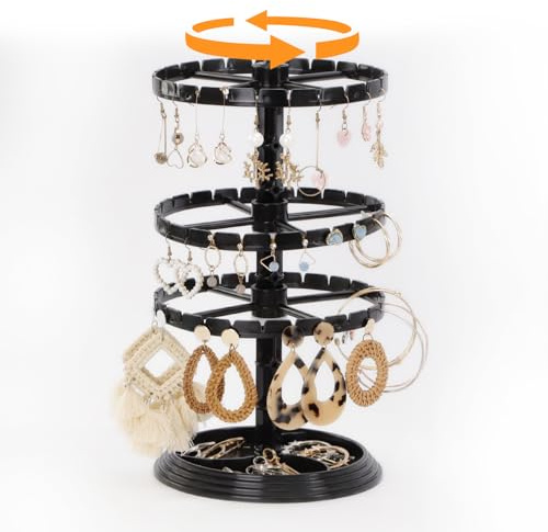 BZUEPRS 3 Tier Rotating Jewelry Display Stand, Black Plastic Jewellery Display Stand, Necklace Holder for Women Girls, Earring Keychains Storage Rack for Home Retail Dressing Table