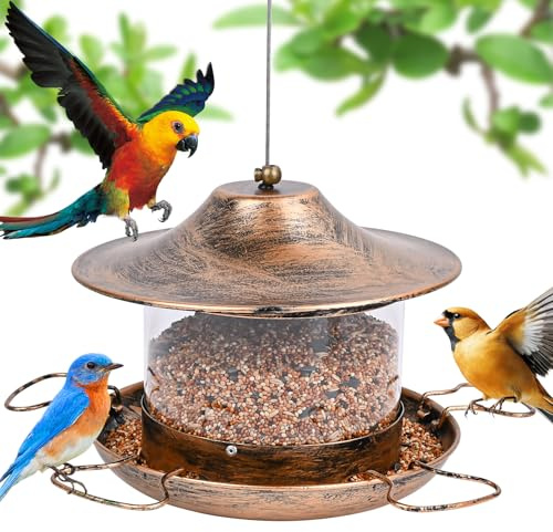 Glovios vogelfutterspender futterstationen für wildvögel,Wildvogelfutterer zum Aufhängen mit 360° Futterständer,vogelfutterstation,für Wildvögel Dunnocks Spatzen,kleine Wildvögel,1.8L,Kupfer