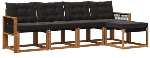 vidaXL Outdoor-Sofagarnitur mit Kissen 5 pcs Natürlich und Schwarz, Gartenmöbel, modernes, langlebiges Outdoor-Sofa, Eckset für Terrasse, Bequeme Lounge und Sitzgelegenheit
