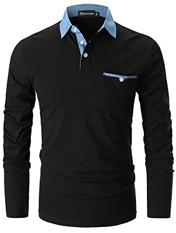 GHYUGR Poloshirts Herren Basic Langarm Baumwolle Polohemd Denim Nähen Golf T-Shirt S-XXL,Schwarz,L