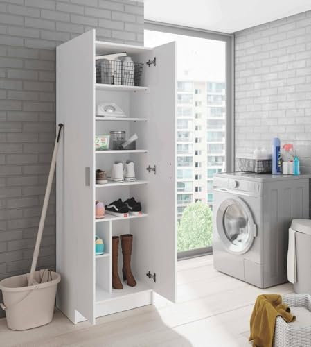 Armario Multiusos de Dos Puertas con Seis baldas, Color Blanco, Medidas 59 x 180 x 37 cm