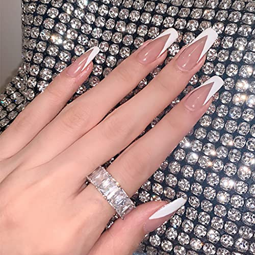 Brishow Cercueil faux ongles rose longs faux ongles Français ballerine acrylique presse sur les ongles bâton sur les ongles 24 pièces pour les femmes et filles (Light-pink)
