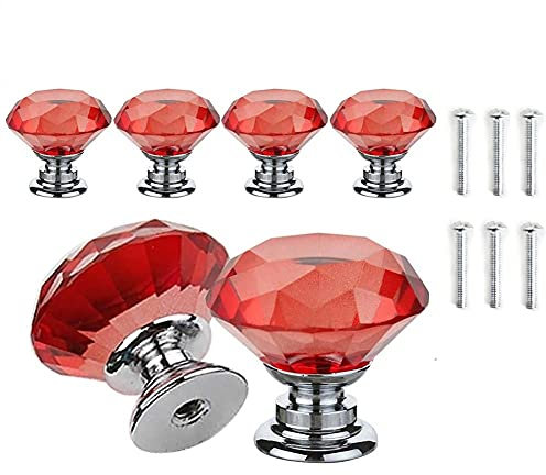 ANSIEDIO 6 Stück 30mm Schrankknöpfe Kommode Griffe Rot Kristall Zinklegierung Kristallglas Möbelknöpfe Garderobe Ziehgriffe Möbelgriffe