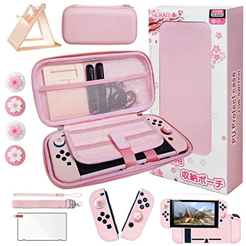 HLRAO Rosa Reisezubehör Set Tasche Kompatibel mit Nintendo Switch,Sakura-Design Aufbewahrungstasche case,mit Harter Schutzhülle, verstellbarem Ständer,HD Glas-Displayschutz und Daumengriff.【10-in-1】