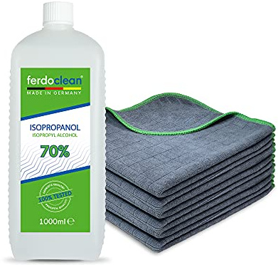 ferdoclean® 1000ml Isopropanol 70% + 6 x Mikrofasertücher (40 x 40 cm) 380 GSM | Lösungsmittel 1l IPA Alkohol Reiniger für Haushalt, Auto & mehr | Fettentferner Reinigungsmittel | Microfasertuch