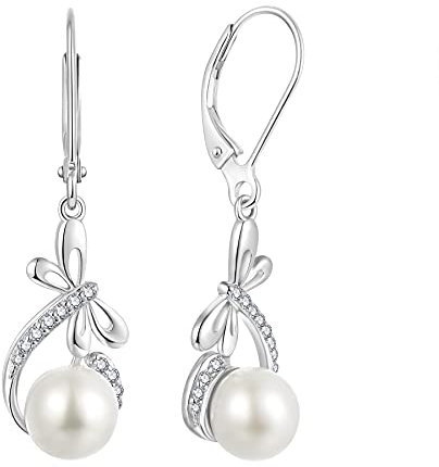 JO WISDOM Ohrringe Hängende Unendlichkeit Libelle Silber 925,Perlenohrringe Damen mit 3A Zirkonia mit 8mm Süßwasserperle,Schmuck für Frauen