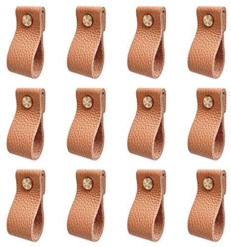 DOXILA 12 Stück Ledergriffe Leder Knöpfe Türknauf für Kommode Schubladen, Kleiderschrank Küchenschränke Schrankknöpfe Möbelgriffe, mit Schrauben, Upgrade-Möbel - Kürbisfarbe