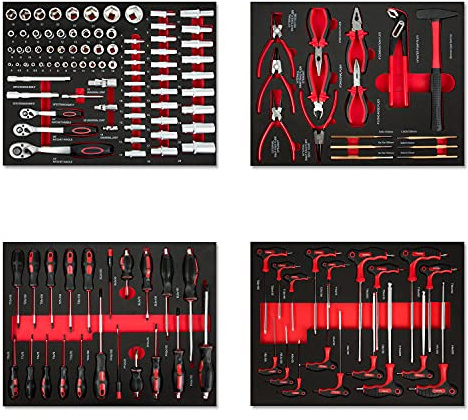 EBERTH Multitool Werkzeug Set 134 Teile Für Werkzeugwagen, Beschriftete Werkzeugeinleger aus Schaumstoff, Hartmetall, Ergonomische Griffe, Für 4 Schubladen, KFZ & Profi-Werkstatt Ausstattung, Rot
