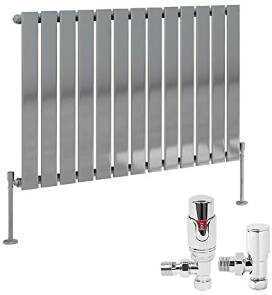 NRG 600 x 884mm Radiator Single Flat Panel Design Chrome with Valves | Horizontal, Bathroom Heater, Central Heating Radiator, Mild Steel, Wall Mounted, Free Thermostatic Valves, for Kitchen