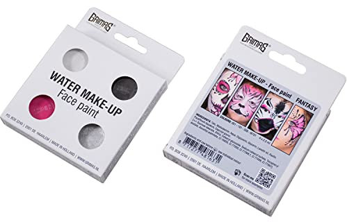 Grimas Juego de maquillaje de agua Fantasy, 4 x 2,5 ml, juego de maquillaje a base de agua para niños, carnaval, Halloween y más, con blanco, negro, rosa y plata e ideas de maquillaje