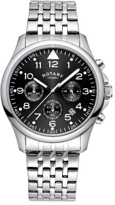 Rotary Herren Chronograph Analog Quarz Uhr mit schwarzem Zifferblatt und silbernem Edelstahlarmband GB00475/19, Armband