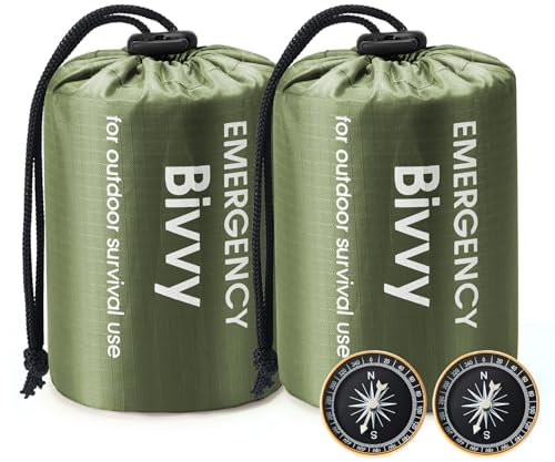 Esky Biwaksack, 2 Stück Notfall Schlafsack Biwaksäcke Wasserdicht Thermo Leicht Wasserdicht Überlebenssack Mit Pfeife und Kompass Ausrüstung Survival Ideal zum Zelten Wandern und Abenteuer Grün