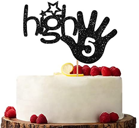 Schwarze High Five Kuchendekoration, Happy 5th Birthday Kuchendekoration, Glitzer-Kuchendekorationen für Jahrestagsparty