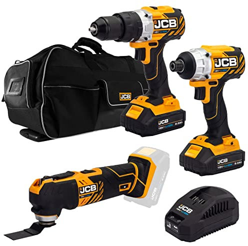 JCB 18V Brushless Cordless Combi Drill, Impact Driver & Multi Tool, 2X 2.0Ah Battery, Fast Charger, 26 Wheeled Tool Bag, 3 Year Warranty