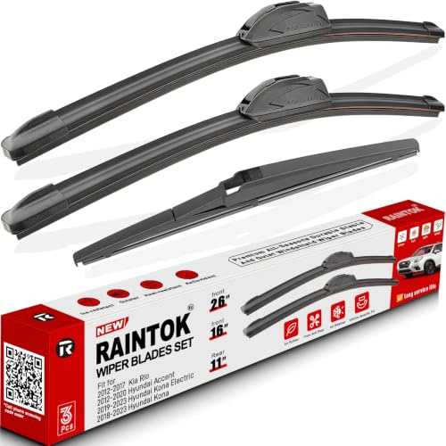 RAINTOK Scheibenwischerblätter Ersatz für Kia Rio Hyundai Accent Kona Electric 2012 2013 2014 2015 2016-2020 Original Fabrik Qualität vorne hinten Wischerblätter Set für Auto - 66 cm, 40,6 cm, 27,9 cm