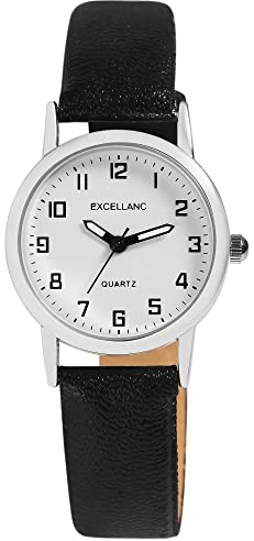 Excellanc Damen-Uhr Kunstleder Dornschließe Leuchtzeiger Analog Quarz 1900290 (schwarz weiß)