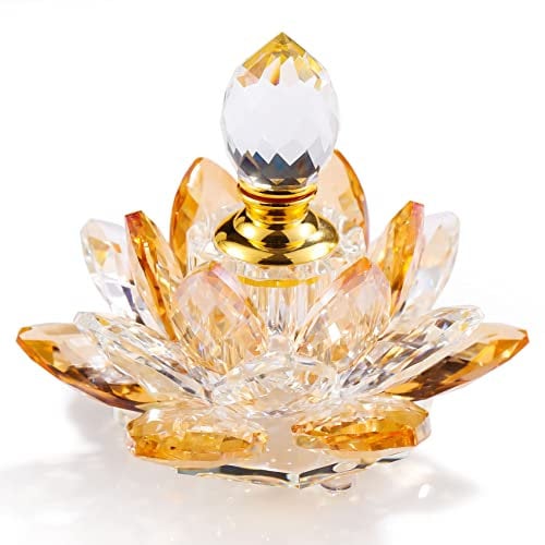 YWHL Mini Amber Crystal Decorative Lotus Perfume Bottles, Empty Vintage Glass Refillable Perfume Bottle, Handmade Lotus Flower Figurines Home Decor Gifts for Women (3ml)