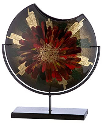 Glas Art runde Vase Dekovase auf Metallfuß - Deko Wohnzimmer - Geschenk für Frauen Geburtstag - handbemalt Farbe: grün rot Gold - Höhe 37 cm